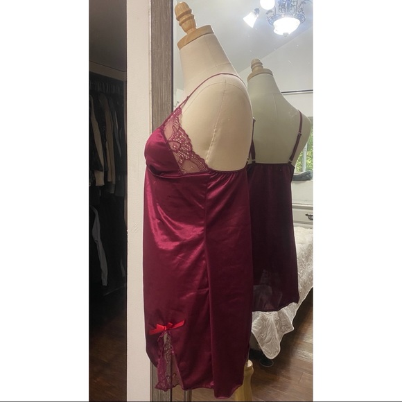 SHEIN | Satin Lace & Bows Babydoll Slip & G String Lingerie Maroon - Picture 2 of 14